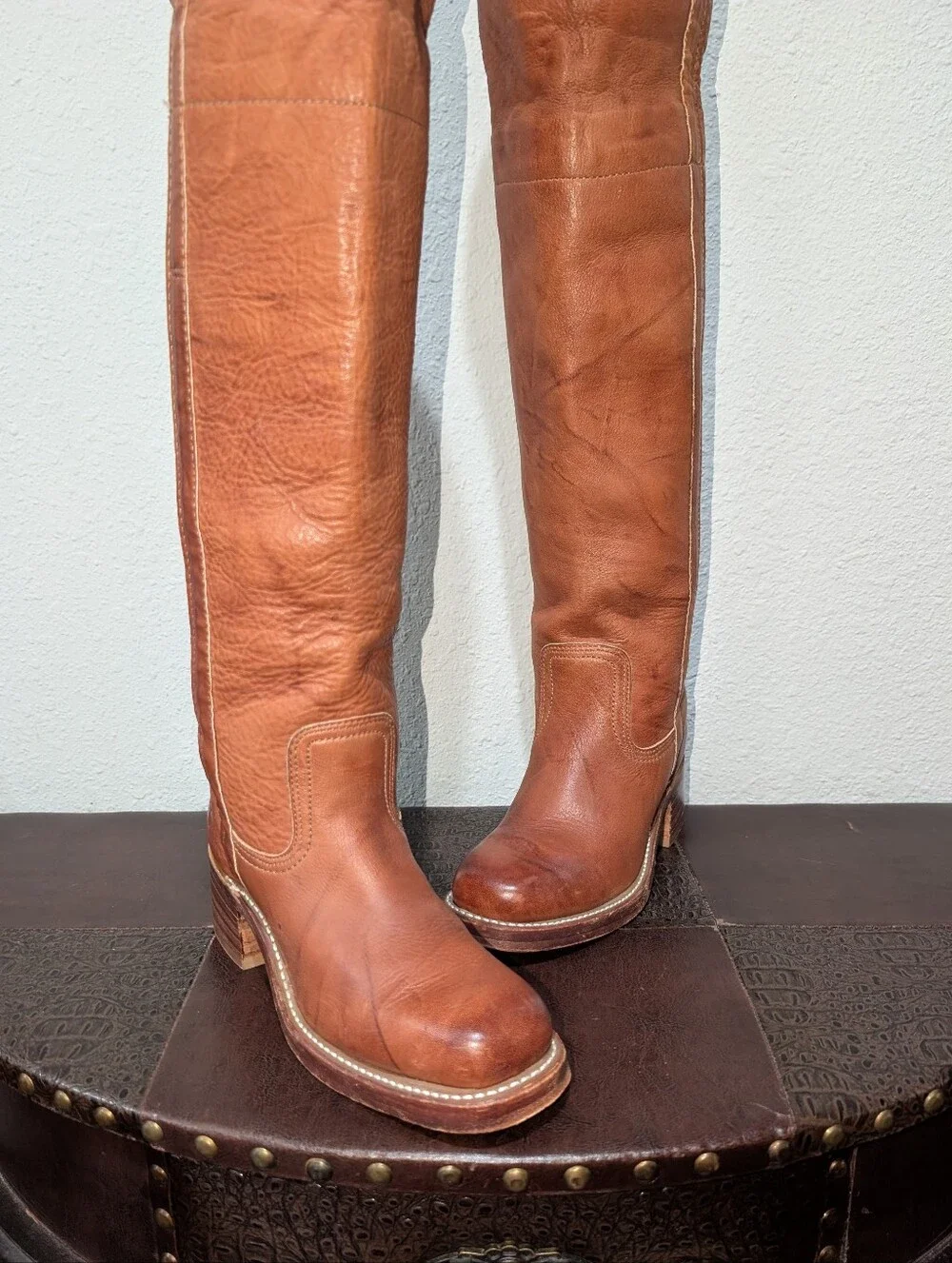 Vintage Frye Made in USA Over The Knee Leather Boots Cognac Brown Size 5.5M